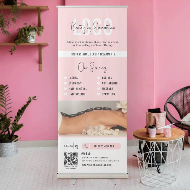 Modern Blush Pink Business Beauty Services QR Code Retractable Banner (Fully editable blush pink and white business services pull up signage for your brand)