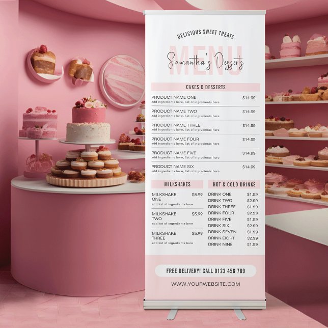 Modern Blush Pink Business Price List Shop Menu Retractable Banner (Feminine business price list menu sign in blush pink and white with fully editable text & colors)