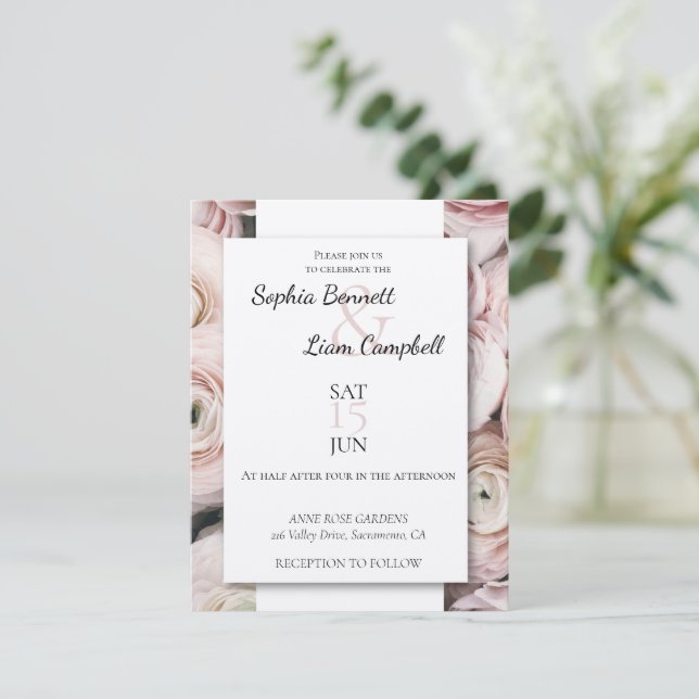 Modern blush pink buttercup flowers  invitation (Standing Front)