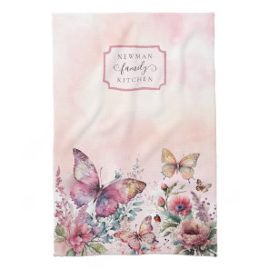 Modern Blush Pink Butterfly Wild Flower Family Kitchen Towel