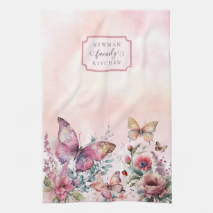 Modern Blush Pink Butterfly Wild Flower Family Kitchen Towel