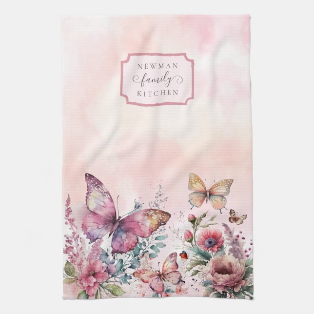 Modern Blush Pink Butterfly Wild Flower Family Kitchen Towel (Vertical)