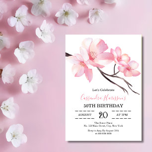 Modern Blush Pink Cherry Blossom Floral Birthday Invitation