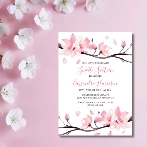 Modern Blush Pink Cherry Blossom Sakura Birthday Invitation