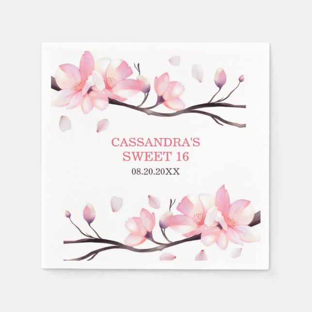 Modern Blush Pink Cherry Blossom Sakura Birthday Napkins (Front)
