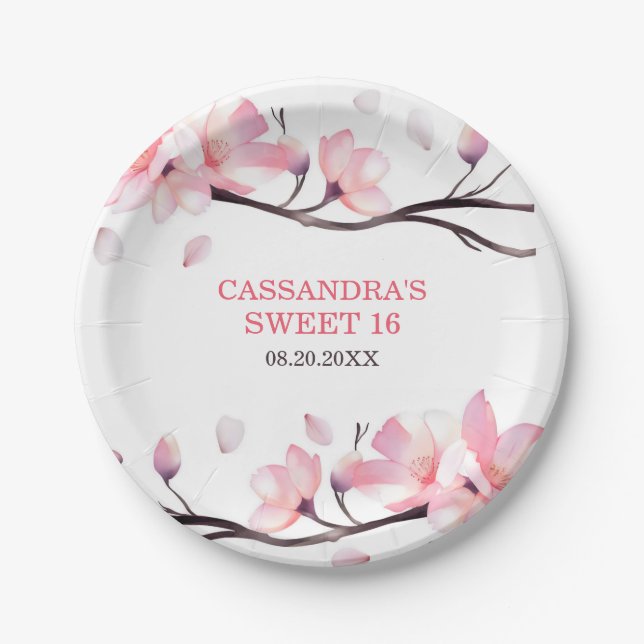 Modern Blush Pink Cherry Blossom Sakura Birthday Paper Plates (Front)