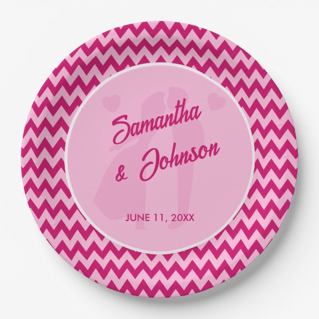 Modern Blush Pink Chevron Stripe Wedding Paper Plates (Front)