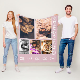 Modern Blush Pink Christmas 5 Photo Collage Fleece Blanket