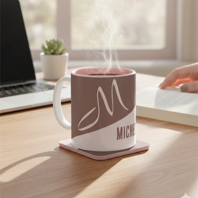 Modern Blush Pink & Cocoa Color Block Monogrammed Two-Tone Coffee Mug (Creator Uploaded)