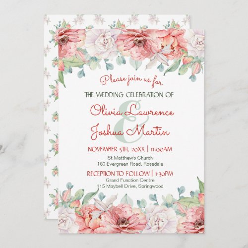 Modern Blush Pink Coral Floral Watercolor Wedding Invitation