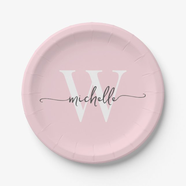 Modern Blush Pink Custom Monogram Name Script Paper Plates (Front)