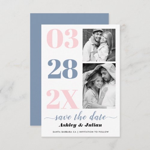 Modern blush pink dusty blue typography two photo save the date