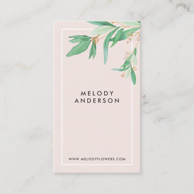 Modern blush pink elegant green botanical minimal business card (Front)