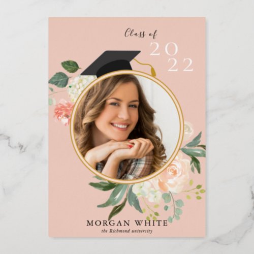 Modern Blush Pink Eucalyptus Photo Graduation Foil Invitation