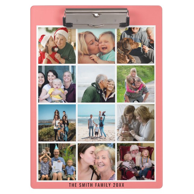 Modern Blush Pink Family 12 Photo Collage Custom Clipboard (Front)