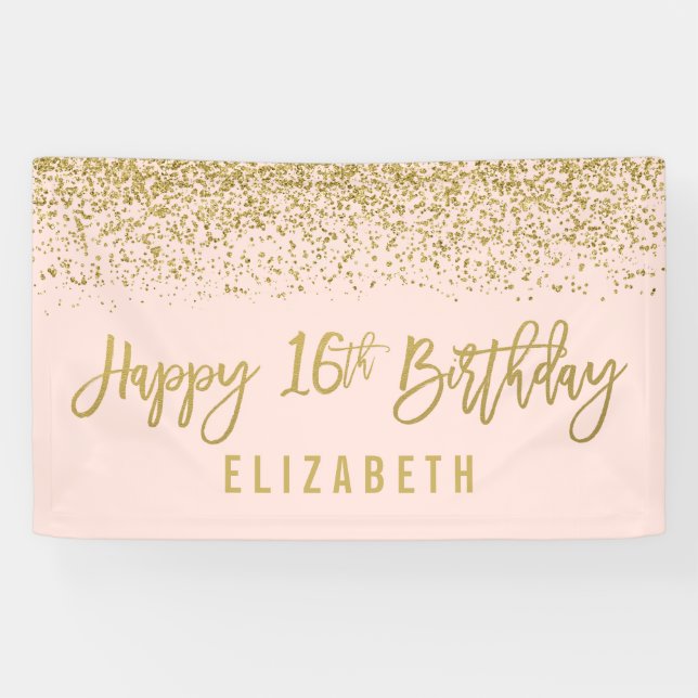 Modern Blush Pink Faux Gold Glitter 16th Birthday Banner (Horizontal)