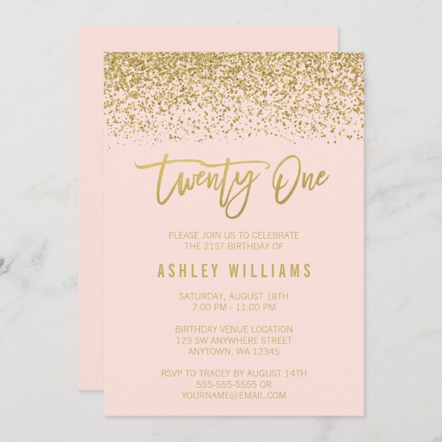 Modern Blush Pink Faux Gold Glitter 21st Birthday Invitation (Front/Back)