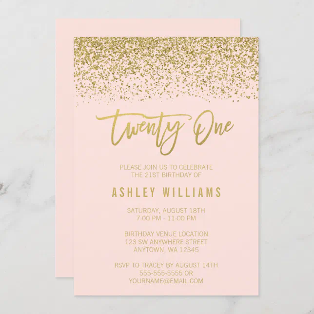 Modern Blush Pink Faux Gold Glitter 21st Birthday Invitation | Zazzle