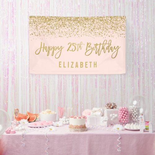 Modern Blush Pink Faux Gold Glitter 25th Birthday Banner
