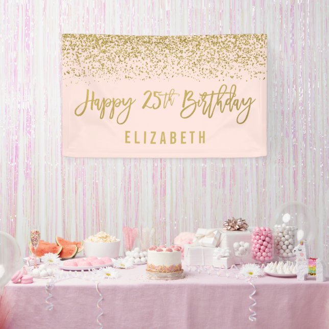 Modern Blush Pink Faux Gold Glitter 25th Birthday Banner (Party)