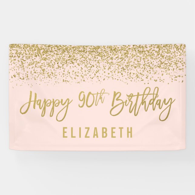 Modern Blush Pink Faux Gold Glitter 90th Birthday Banner (Horizontal)