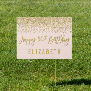 Modern Blush Pink Faux Gold Glitter 90th Birthday Sign