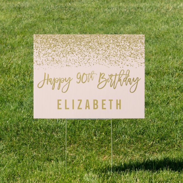 Modern Blush Pink Faux Gold Glitter 90th Birthday Sign (Insitu)