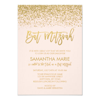 Modern Blush Pink Faux Gold Glitter Bat Mitzvah Card