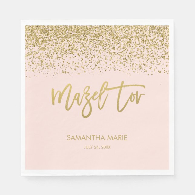 Modern Blush Pink Faux Gold Glitter Mazel Tov Napkins (Front)