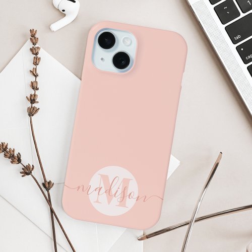 Modern Blush Pink Feminine Script Monogrammed iPhone 15 Case