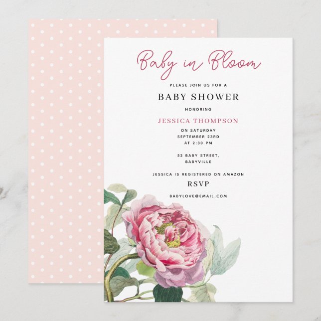 Modern Blush Pink Floral Baby in Bloom Baby Shower Invitation (Front/Back)