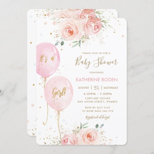 Modern Blush Pink Floral Balloons Gold Baby Shower Invitation