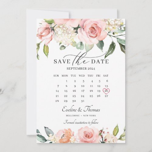 Modern blush pink floral boho month calendar save the date