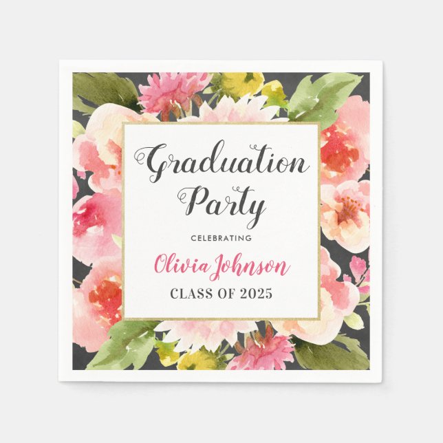 Modern Blush Pink Floral Border Graduation Party Napkins (Front)