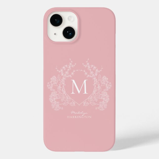 Modern Blush Pink Floral Crest Monogram Case-Mate iPhone Case (Back)