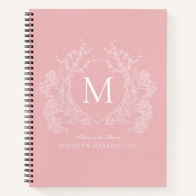 Modern Blush Pink Floral Crest Monogram Journal (Front)