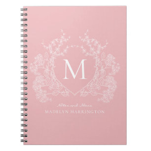 Modern Blush Pink Floral Crest Monogram Notebook