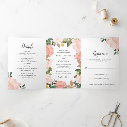Modern Blush Pink Floral Elegant Wedding Tri_Fold Invitation