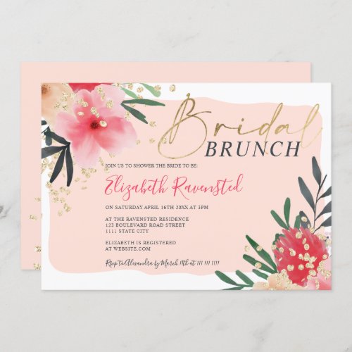 Modern blush pink floral girly gold bridal shower invitation