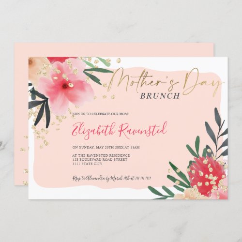 Modern blush pink floral girly gold mothers day invitation