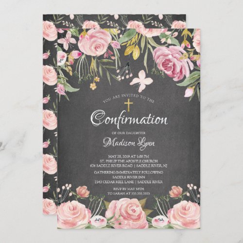 Modern Blush Pink Floral  Gold Cross Confirmation Invitation