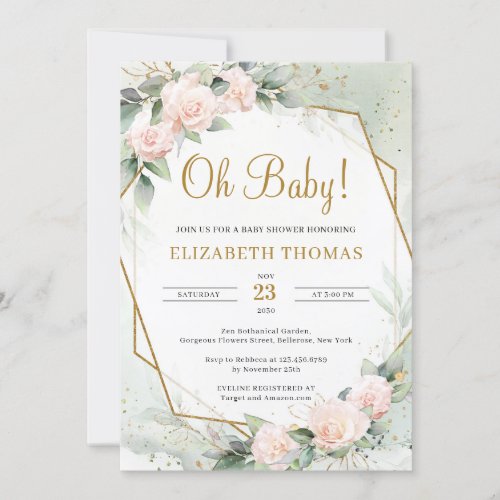 Modern Blush Pink Floral Greenery Gold Oh Baby Invitation