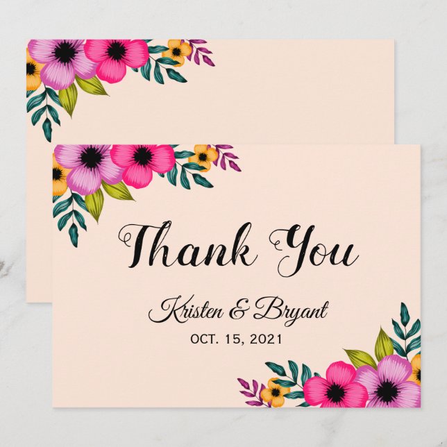 Modern Blush Pink Floral Minimal wedding Thank You Card (Front/Back)