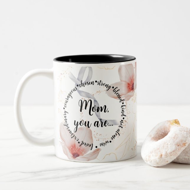 Modern Blush Pink Floral Mom You Are Mothers Day Two-Tone Coffee Mug (With Donut)