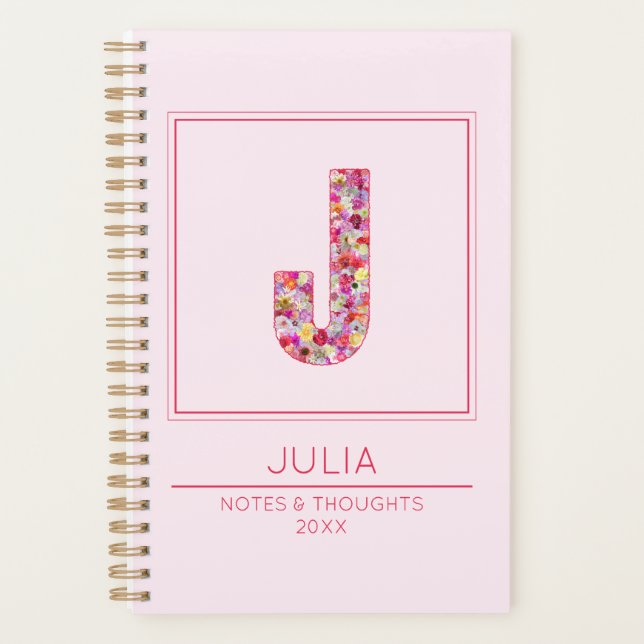 Modern Blush Pink Floral Monogram Letter J Planner (Front)