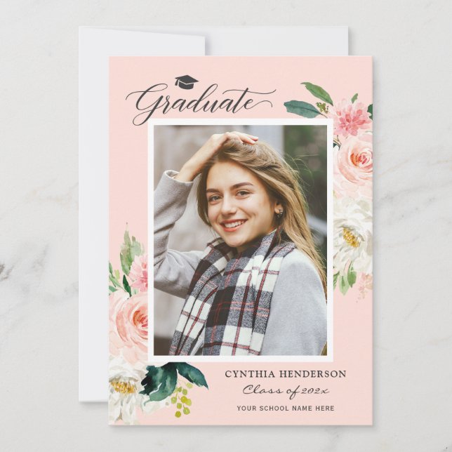 Modern Blush Pink Floral Photo Graduation Party Invitation (Front)