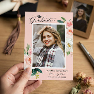 Modern Blush Pink Floral Photo Graduation Party Invitation