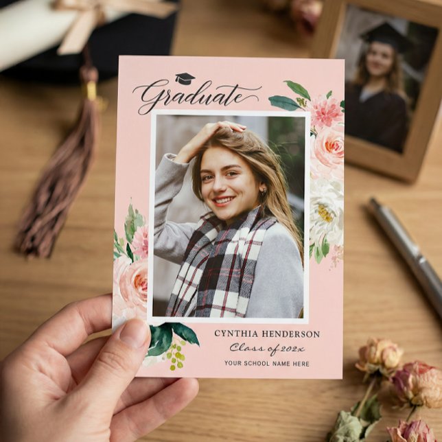 Modern Blush Pink Floral Photo Graduation Party Invitation (Creator Uploaded)