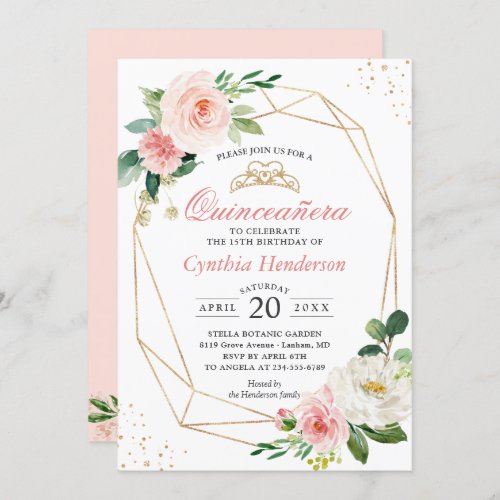 Modern Blush Pink Floral Quinceaera 15th Birthday Invitation