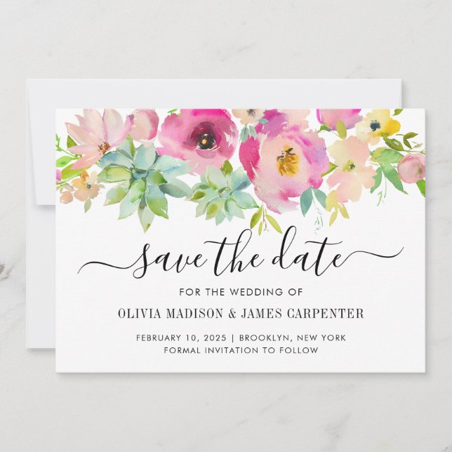 Modern Blush Pink Floral Succulent Cacti Wedding Save The Date (Front)